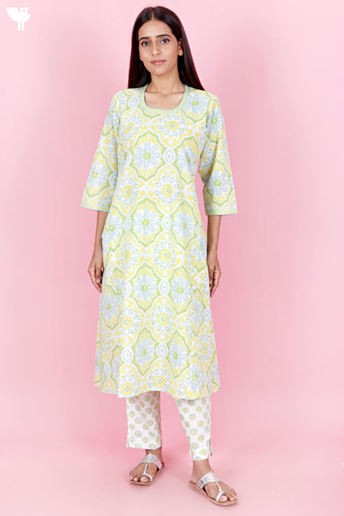 Cambric Cotton Kurta And Pant Set With Kota Dupatta In Block Print